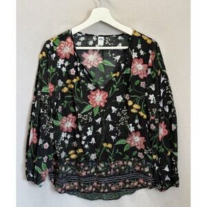 Old Navy Women's Sz M Black W/Florals V Neck 100% Viscose Peasant‎ Bloomcore Top